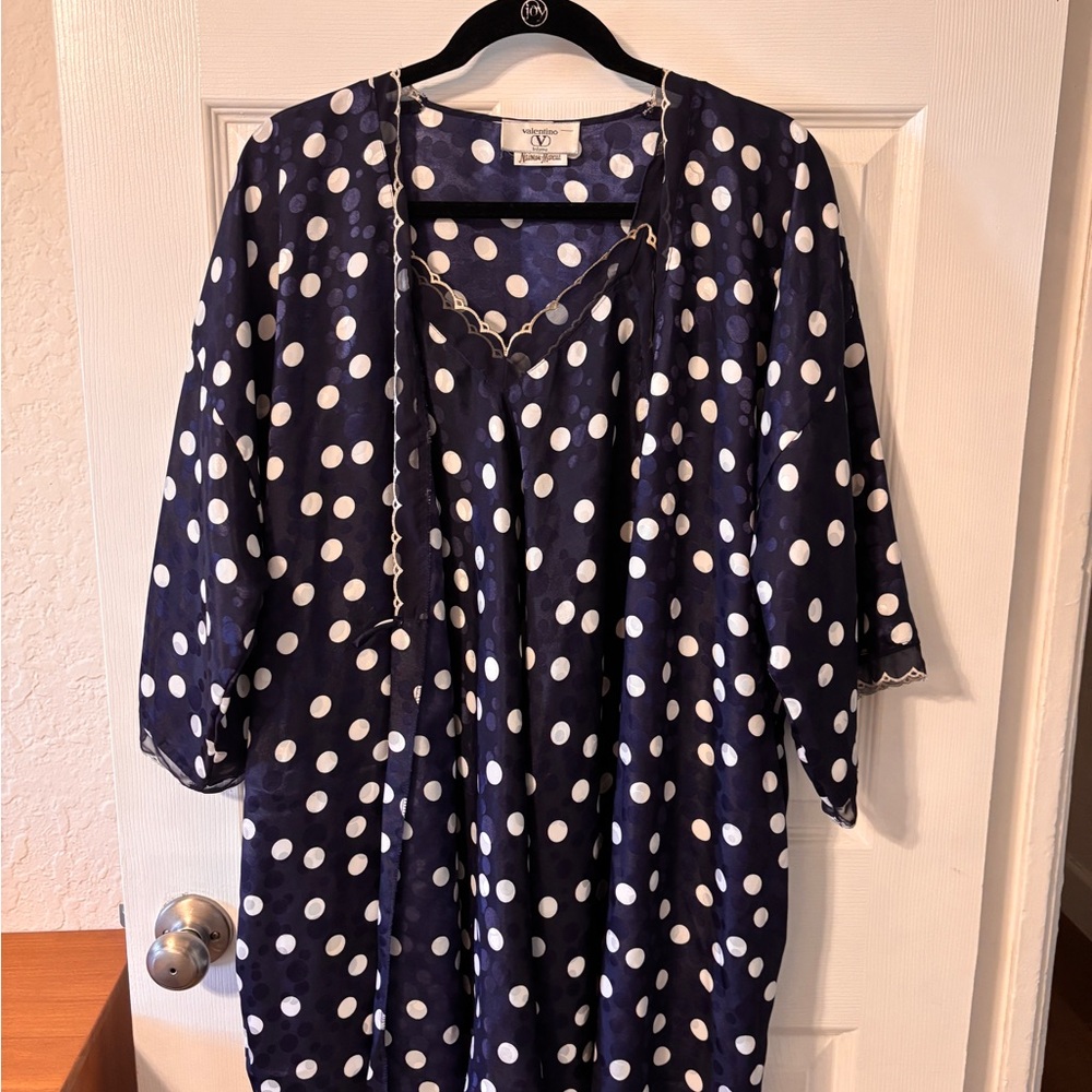 Valentino Intimo Blue and White Polka Dot Slip and Robe